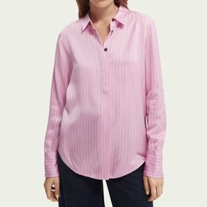 Scotch & Soda Button Up Collared Pink White Stripe Long Sleeve Blouse Top Shirt